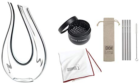 RIEDEL Decanter Vorteilsset, Dekanter, Weindekanter Amadeo Fatto A Mano Black/White/Black Optical + Gratis Reinigungstuch 5010/07, Reinigungsperlen 0010/05 und 4er Set EKM Living Edelstahl Trinkhalme
