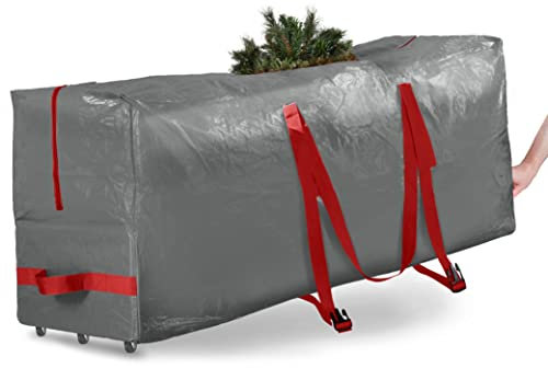 Zober Christmas Tree Storage Bag - 9 Ft Rolling Box - Plastic, Durable Handles & Wheels - Large, Gray