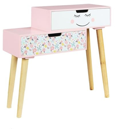 HOME DECO KIDS HD6917 Liberty Konsole, für Kinder, Kinderzimmer, Dekoration, Möbel, Kiefer, Holz, Rosa-Weiß-Schwarz-Grün, 55 x 22 x 50,08 cm