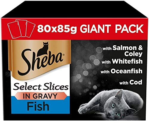 Sheba 80 x 85 g Futterbeutel für ausgewachsene Katzen, ausgewählte Scheiben, Fischsammlung, in Soße