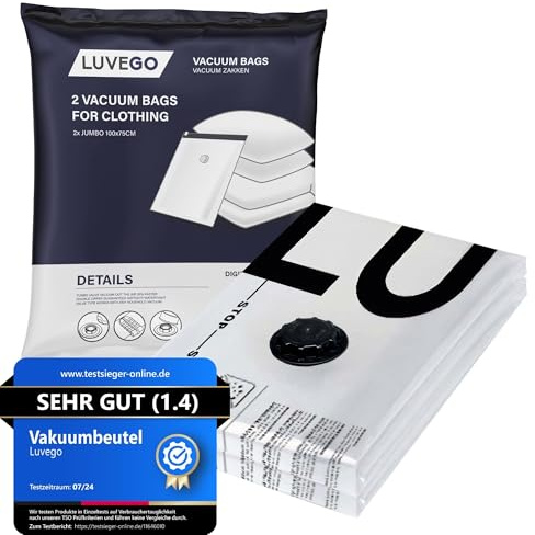 LUVEGO Jumbo-Vakuumbeutel, 2er-Set 100 × 75 cm, wiederverwendbare Kompressionsbeutel mit Ventil für Kleidung, Bettdecken, Bettwäsche, Kissen und Decken
