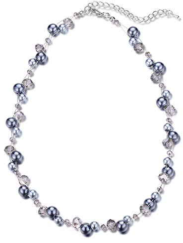 Bulinlin Damen Kristall Perlenkette Silber Boho Statement Choker Halskette für Frauen Modeschmuck Geburtstagsgeschenke(Grey)