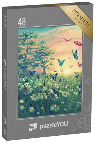 puzzleYOU: Puzzle 48 Teile „Ölgemälde: Sonnenuntergang mit Schmetterlingen“ – aus der Puzzle-Kollektion Kunstwerke
