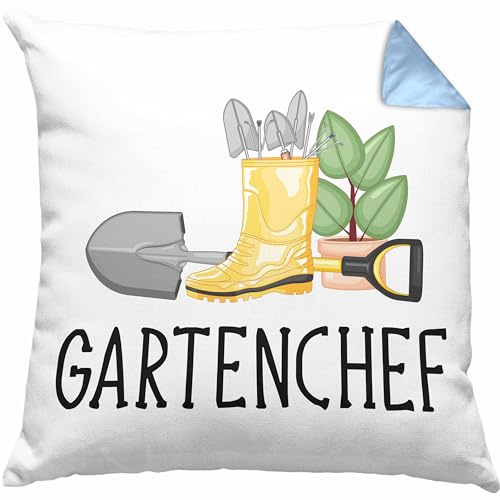 Trendation Gartenchef Kissen mit Füllung 40x40 Geschenk Gärtner Gartenarbeit Hobby Garten Hobbygärtner Lustig (Blau)