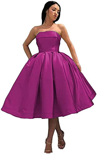 HPPEE Abiti ritorno a casa per ragazzi senza spalline in raso corto gonna tè lunghezza abiti da sera, Fucsia, 34