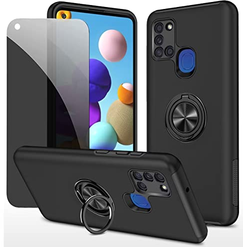 Dechyi Sichtschutz hülle für Samsung Galaxy A21S Schwarz Handyhülle mit Anti-Spähen aus gehärtetem Glas Displayschutzfolie mit Ringhalterung stoßfest, Kratzfest strapazierfähig Schutzhülle
