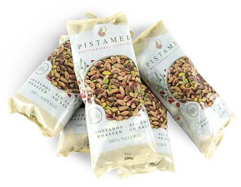 PISTAMED - Pistaches Décortiquées Sans Sel Grillées Artisanalement - Riches en Fibres - Végan et Sans Gluten - Pack 6 x 100 g Portions Individuelles - Origine Espagne - Snack Naturel à Partager