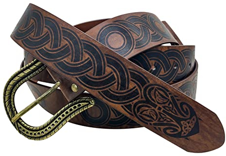 COSFAN Mittelalterlicher Gürtel für Herren, brauner Ritter-Ledergürtel, Renaissance-O-Ring-Gürtel, Wikinger, keltischer Knoten, geprägter Taillengürtel, LARP-Cosplay-Zubehör