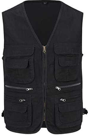 YOUTHUP Mens Gilet Multi Pocket Cargo Utility Safari Waistcoat Outdoor Fishing Hunting Vest,Black,L