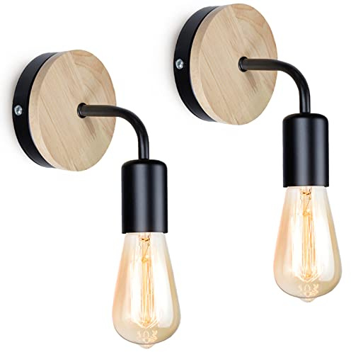 GOCBOBO 2 Stücke Vintage Innen Holz Wandleuchte E27 Metall Lampenkopf LED Wandlampe für Flur Schlafzimmer Wohnzimmer Innenbeleuchtung Schwarz (Ohne Glühbirne)