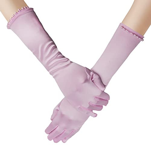 Blumenmädchen Handschuhe - Prinzessin Kostüm Zubehör Mit Perlstickerei - Lange Satin Kommunionshandschuhe für Hochzeit Party Dekoration