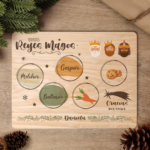 Bandeja Navidad Personalizada Reyes Magos Santa Claus Papa Noel Nombre Bienvenida Madera Decoracion Galletas Leche Agua Camellos (Reyes Magos Color)