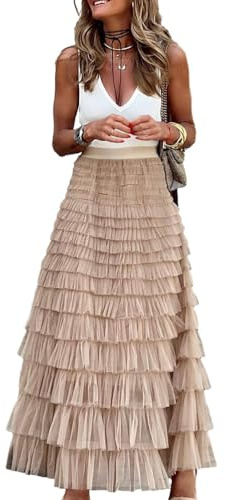 Long Tulle Skirt for Women Trendy High Waisted A Line Fluffy Fairy Mesh Layered Ruffle Skirt(Khaki, M)