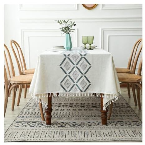 Tischdecke Rechteckig, Tischtuch 140x220CM Polyester Abwaschbare Tischdecke Wohnzimmer Rhombus Muster mit Quasten Tischdecke für Wohnzimmertisch, Grün