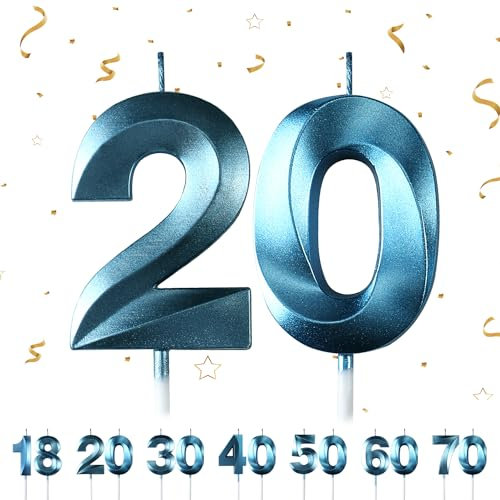 Geburtstagskerzen Zahlen 20,Blau Geburtstagskerzen, 3D Diamant Form Kuchen Kerzen Zahl 18 20 30 40 50 60 70 Glitzer Kuchen Topper Dekoration für Hochzeit Geburtstag Jubiläum