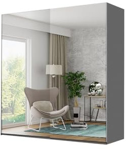 FURNITUREWAVE Full Mirror Sliding Door Wardrobe: Stylish Storage Solution Grey, Black & White 150cm, 200cm, 250cm  (Grey, 150cm)