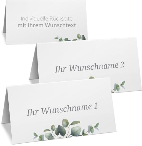10 Tischkarten personalisiert mit verschiedenen Namen – Eukalyptus Design – Platzkarten Hochzeit, Taufe, Kommunion, Konfirmation, Jugendweihe, Geburtstag – Rückseite mit Wunschtext – Namenskarten Set