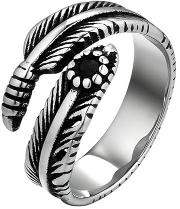 JewelryWe Herrenring Feder Ring Herren: Vintage Punk Edelstahl Feder Blatt Wickeln mit schwarzem Edelstein Offen Ring Band mit Gravur für Männer Frauen Größe 54