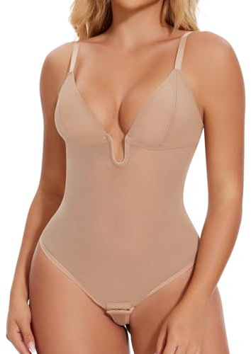 Joyshaper Damen Body Shaper Rückenfrei Formender Body Bauchweg Tanga Tiefer U-Ausschnitt Miederbody Shapewear Ärmellos Bodysduit Top Beige L
