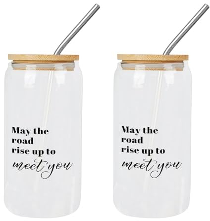Yelolyio Glasbecher, 473 ml, mit Deckel, Trinkhalme, Aufschrift May The Road Rise Up to Meet You, Glasbecher, Trinkgläser, Geschenk für Muttertag, ideal für Bier, Eis, Kaffee, 2 Stück