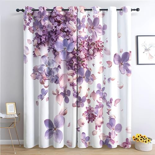 Srigzcaly Orchidee Lila Blume Verdunkelungsvorhang Waschbarer Polyester Vorhang, 220x215cm(BxH) Vorhangdekoration für Wohnzimmer Kinderzimmer Küche Mehrfarbig