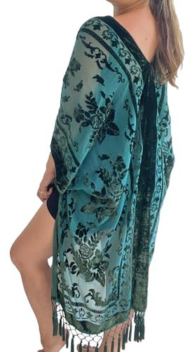 Burnout velvet floral pattern kimono, cover up, dressing gown with fringe detail