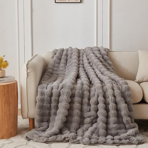 COOVA Kunstfell-Überwurfdecke für Couch, gemütlich, weich und flauschig, Plüsch-Kaninchenfell, Blasendecke für Sofa, Schlafzimmer, Wohnzimmer, 152,4 x 203,2 cm, Grau