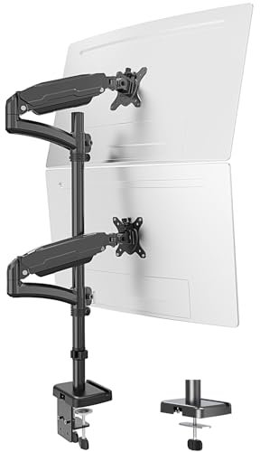 MOUNT PRO Soporte vertical dual para monitor, soporte de monitor apilado para 2 pantallas de computadora de hasta 32 pulgadas, soporte de escritorio de resorte de gas totalmente ajustable, cada brazo