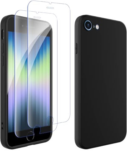 Ruayia Coque pour iPhone SE 2022/2020 et iPhone 8/7 avec 2 Pièces Protection Écran en Verre Trempé, Housse en Silicone Liquide, Étui Fine Slim, Case Antichoc Souple pour iPhone SE 3/8/7-4,7-Noir