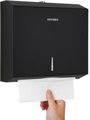 anydry Wandmontierter Papiertuchspender – 250-Blatt-Kapazität, polierter Edelstahl, abschließbar, geeignet für Mehrfalt-/Z-Falt-Tücher (gefaltene Größe ≤ 27 cm x 10 cm) Matt Schwarz