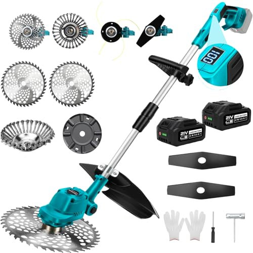 panthem Akku Rasentrimmer Rasenkantenschneider mit 21V 4.0Ah, Freischneider für Makita 18V mit 4 in 1 Metallklinge Unkrautbürste, Faden Verstellbarer Kopf Rasenmäher Teleskopgriff für Rasenschneiden