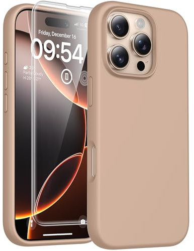 TOCOL 3 in 1 Silicone for iPhone 16 Pro Max Case 6.9-Inch, with 2 Pack HD Screen Protector, Liquid Silicone Slim Silky-Soft Touch Multi-Color Anti-Scratch Shockproof Cover, Desert