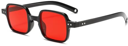 WDZAYXC Klein Quadratischem Sonnenbrille für Damen Herren,Klassische Rechteckige Sonnenbrille,UV400 Schutz (Schwarz/Rot)