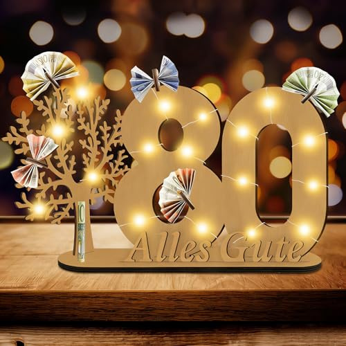 Idota 80 Geburtstag Deko Frau Mann Geldbaum Geschenk,Lebensbaum Deko Led | Geschenke zum 80 Geburtstag, 80. Geburtstag Mann Holz-Schild Gästebuch Geldgeschenke, Personalisierte Geburtstag Geschenk