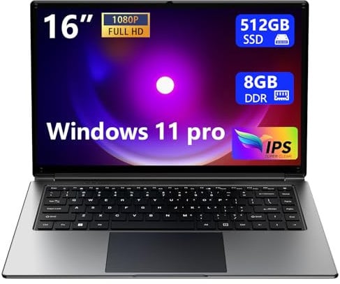 Laptop 16-inch 8GB DDR 512GB SSD Portable Laptop,Expandable to 1TB Pentium Quad-core CPU up to2.64 GHz 9000mAh Battery Mini HDMI Interface USB3.0 Interface Dual-Band WiFi Webcam Slim laptops