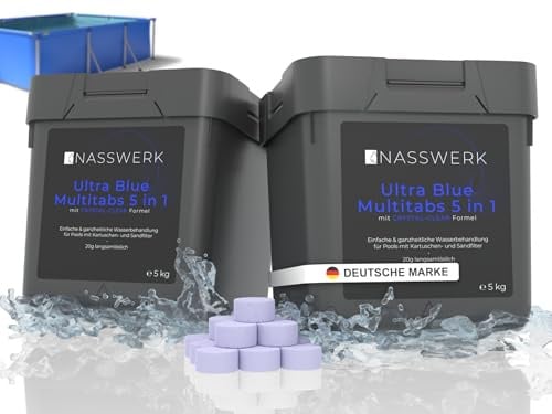 NASSWERK Langzeit Chlortabletten für Pool 5 in 1 (1kg bis 10kg) | 20g Mini Pool Multitabs 5 in 1 | Whirlpool Multi Chlortabs mit Chlor, Algizid, pH Stabilisator, Reiniger & Aquamarin für klares Wasser