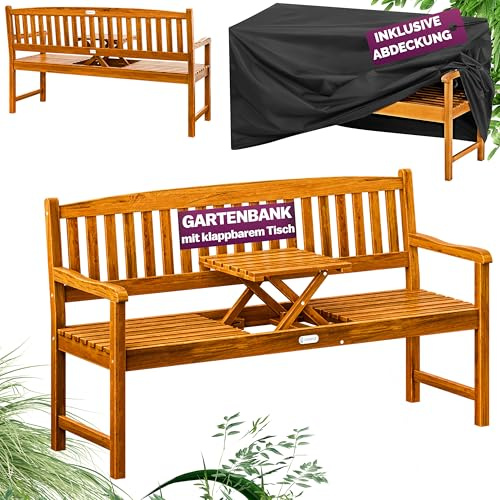 Casaria® Picknick-Gartenbank aus Holz mit Abdeckung, FSC®-zertifiziertes Eukalyptusholz, integrierter Klapptisch, für den Außenbereich, Garten, Terrasse, Balkon, Möbel, 3-Sitzer, Braun, 153 x 57 x 90