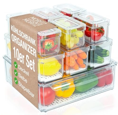 Moritz & Moritz 10-pack kylskåpsorganizer set med lock – stapelbara kylskåpsboxar – transparenta kylskåpsboxar – robusta – förvaringslådor för kök förvaringsskåp låda
