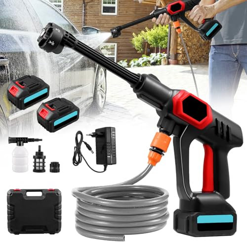 Hidrolimpiadora inalámbrica, 21V 80 Bar, portátil, con 2 baterías, Boquilla multifunción 6 en 1, Manguera de 5 m, depósito con Filtro, para Coche y Patio