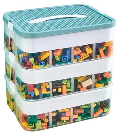 SunshineFace Storage Organiser Box, 3 Tier Stackable Toy Storage Box with Building Plate Lid Handle, Creative Building Blocks Sorting Container for Toys Puzzle Craft Supplies (Blue)