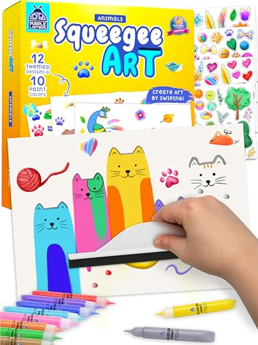 Squeegee Art Kit for Kids - Animals Theme Painting Craft Kit for Ages 4-12 | Non-Toxic, Mess Free Paint Craft, Process Art Kit, Imaginative Play, Birthday Gift for Ages 5-9, Colour & Sensory Exploration
