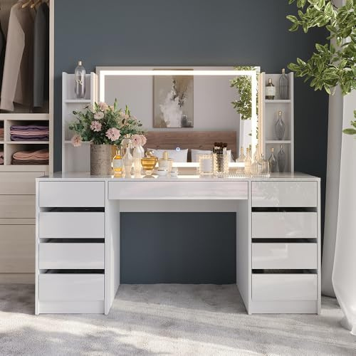 Vicco Schminktisch Sherry, Weiß/Weiß Hochglanz, 158.2 cm | 4 Teile, mit LED-Beleuchtung und höhenverstellbarem Spiegel