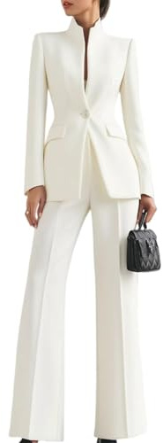 Trajes de negocios para mujer, elegante, cuello alto, blazer de pierna ancha, conjunto de pantalones casuales de negocios, conjuntos de trabajo profesional, conjunto de ropa para mujer, blanco, L