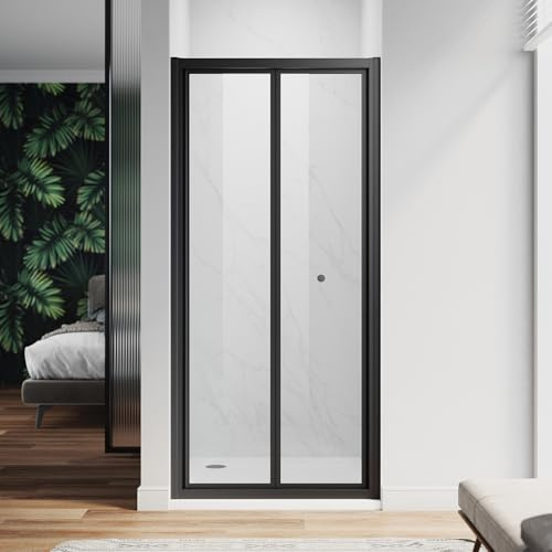 ZANOFIRA 800mm Black Bi-Fold Shower Door Folding Shower Screen 6mm Toughened Clear Safety Glass Space Saving Magnetic Seal Reversible for Wet Rooms En-Suites