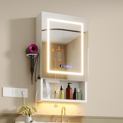 ChromaCasa Spiegelschrank Bad mit Beleuchtung 3-Farbig Dimmbarer & 2AC/3USB-Steckdosen, Badezimmer Spiegelschrank mit Entfeuchtung mit 1 klick für Badezimmer(Weiß, 47x80x16cm)