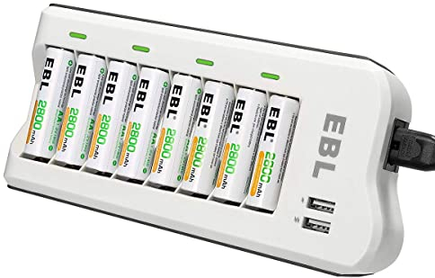 EBL Akku ladegerät mit AA Akku 2800mAh 8 Stück - Batterieladegerät mit 2-USB Port für AA, AAA, NI-MH Akkus und USB Geräte, Multischutz, LED Anzeige für Akkus