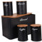 HOCHSTE Kitchen Storage Tins 5pcs Canister Set Bamboo Lid Bread Bin Tea Coffee Sugar Jar Round Jar Black Large (20.5cm High)