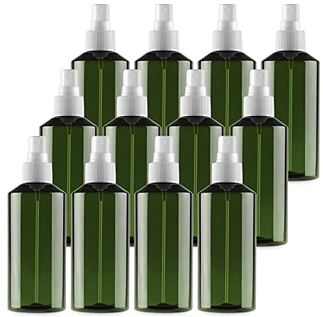 TIANZD 12 Pieces Empty 200 ml Green PET Plastic Fine Mist Pump Spray Bottles with White Sprayer for Cosmetic Perfume Water Travel Portable Containers Refillable, 2x Funnel