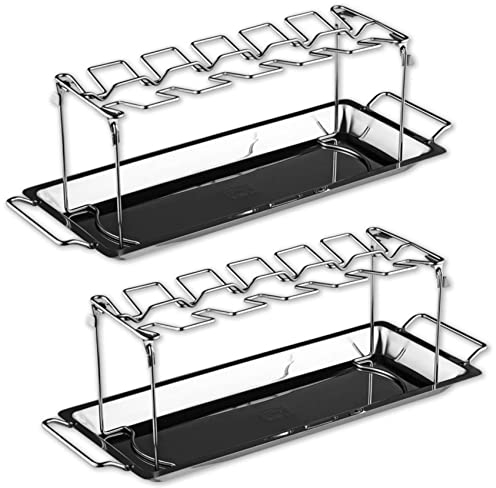2x Edelstahl Hähnchenschenkel Halter mit Auffangschale für je 12 Schenkel Hähnchen Grill Backofen Hähnchenflügel Ständer Gemüseschale Grillhalter