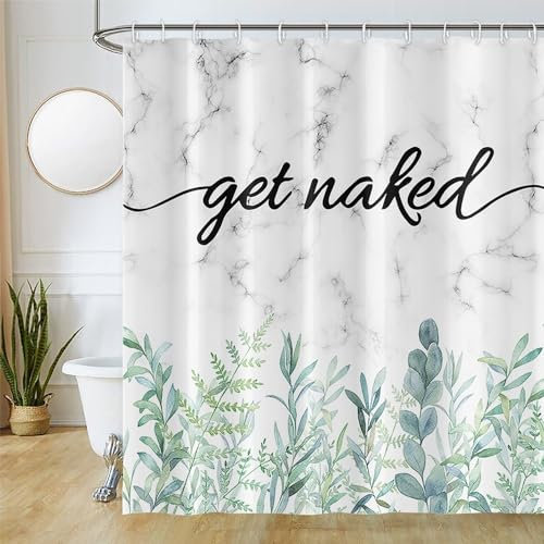 Uiiooazy Rideau Douche Anti Moisissure, Rideau de Douche 180x200cm Feuilles d'eucalyptus Vert Marbre Gris Rideaux de Baignoire Tissu Lavable Imperméable Rideaux Salle de Bain avec 12 Crochets